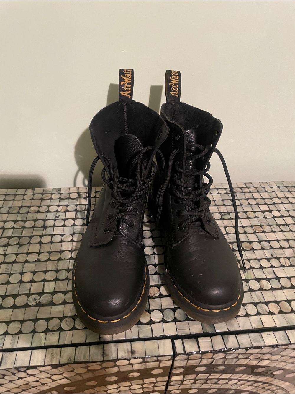 Dr. Martens Black Leather Lace-Up Boots with Yellow Stitching